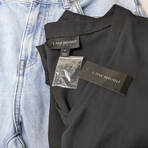 Lane Bryant Black V-neck Lined Chiffon Roll Tab Blouse Wmns Sz14 Elegant Classic